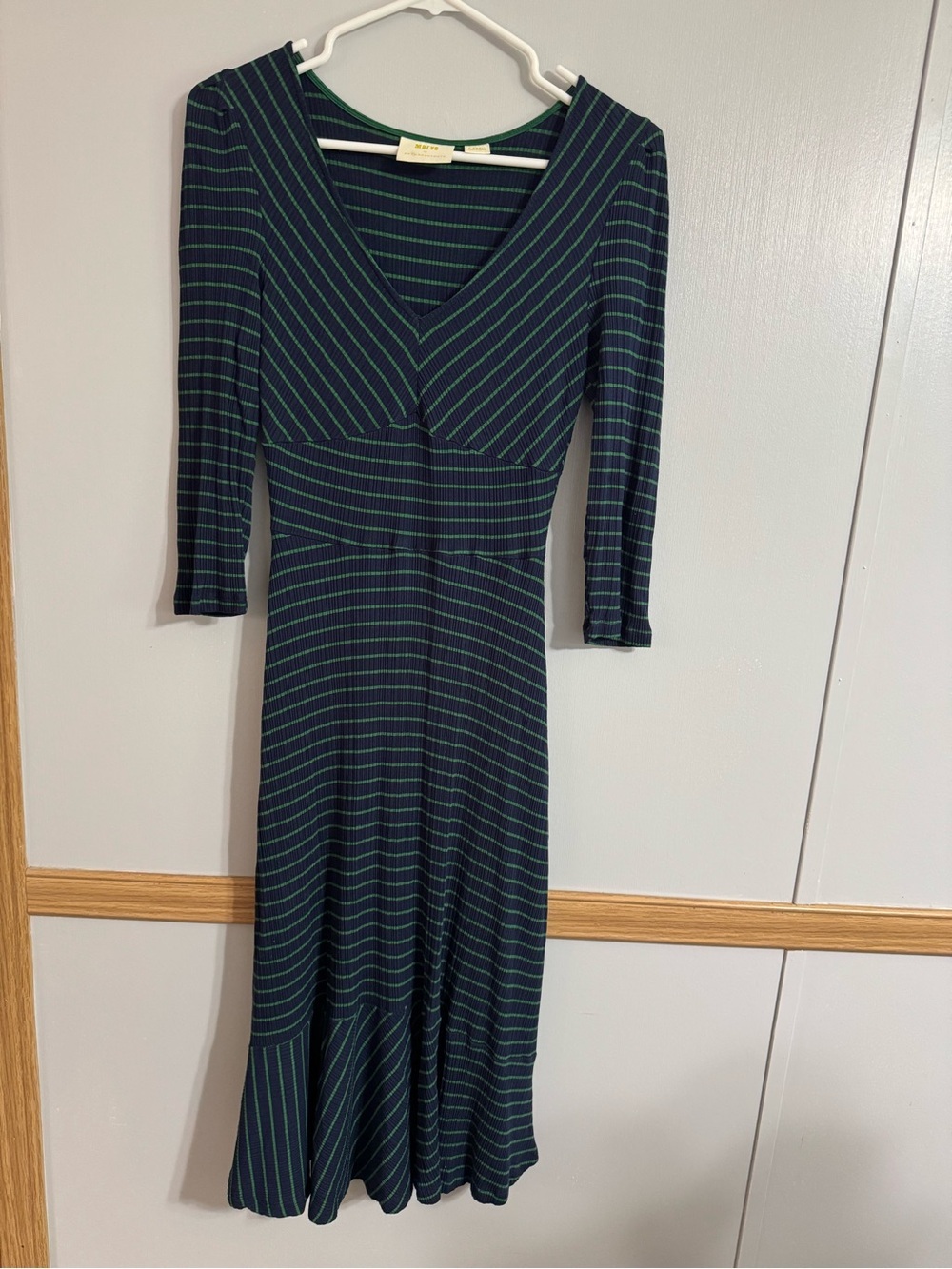 Maeve Anthropologie Green and Navy Flores Striped V‑Neck Midi Dress Size XS